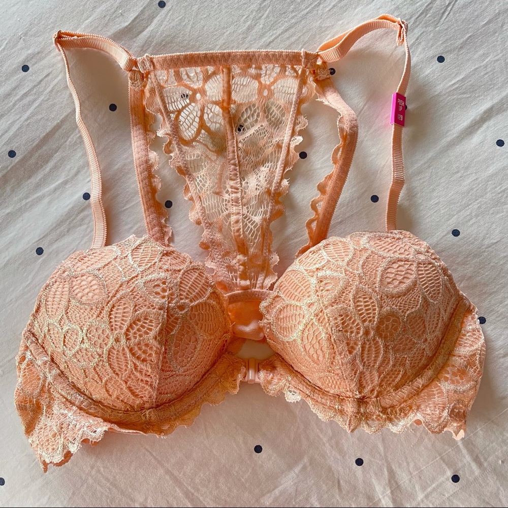 Victoria's Secret PINK Lace Push Up Bra 32B NWT Peachy Pink Glimmer Open Front